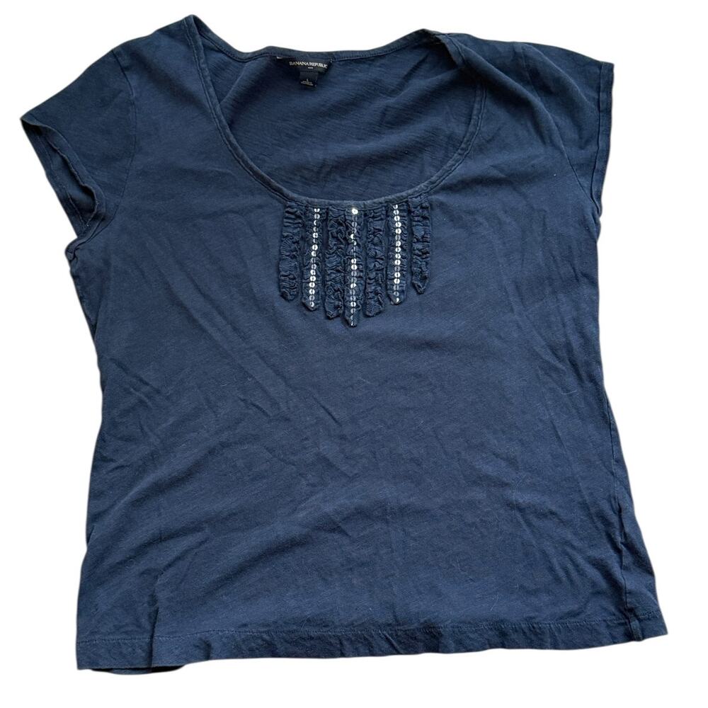 Banana Republic Navy Blue Ruffle Sequin Cap Sleeve Top Blouse Large
